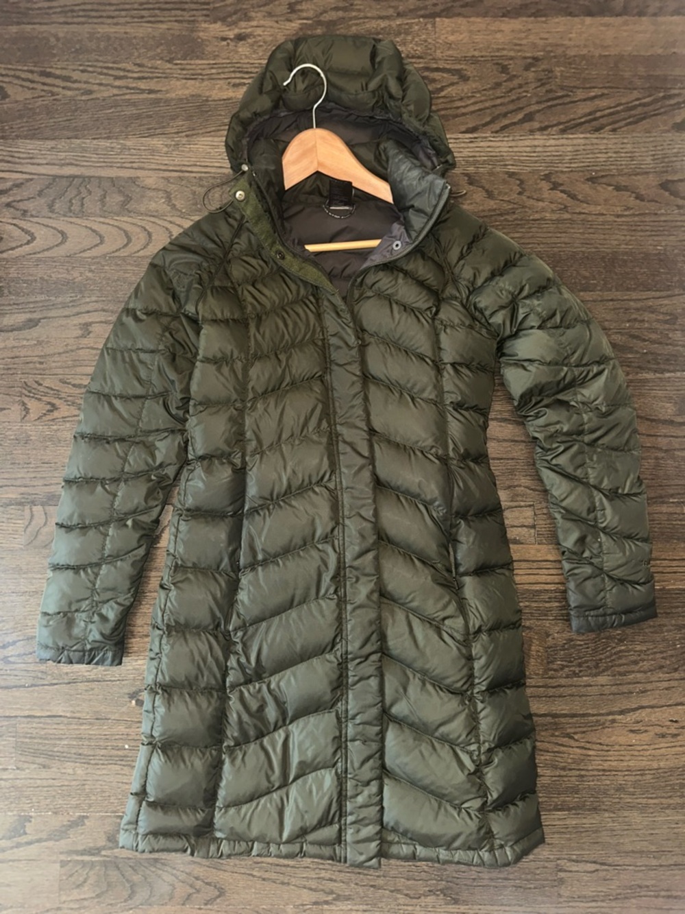 The North Face Olive Hooded Long Puffer Coat